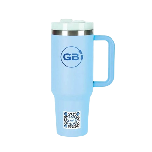 blue forty ounce tumbler with a gadgetboy logo and qr code